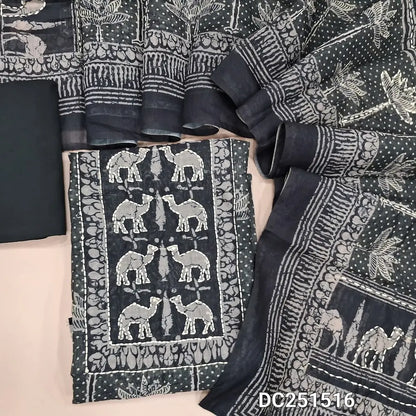 Digital Printed greyish Black silk cotton unstitched salwar material (lining needed) camel print, katha stitch work on yoke, daman,  matching cotton bottom, digital printed silk cotton dupatta. DC251516
