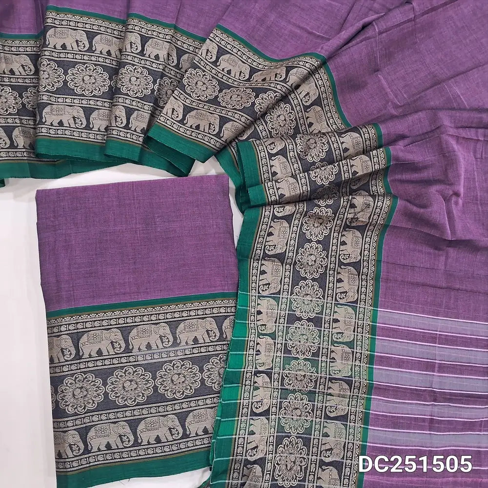 Dark Mauve mercerised handloom cotton unstitched salwar material, double side borders (Lining Needed) Fabric Measurement : 4.5 Meters, Full length dupatta. Note : Weaving Inconsistencies are not defects. Dc251505
