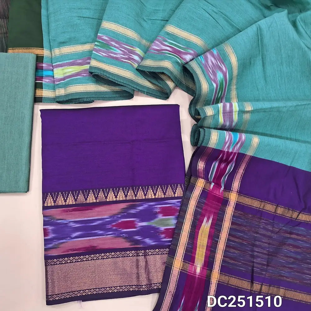 Dark Purple silk cotton unstitched salwar material, thread woven design on daman(lining needed) pastel blue silk cotton bottom, dual shaded silk cotton dupatta with ikat woven borders & tassels. DC251510