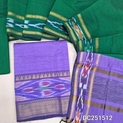 Lavender silk cotton unstitched salwar material, thread woven design on daman(lining needed) bottle green silk cotton bottom, dual shaded silk cotton dupatta with ikat woven borders & tassels. DC251512