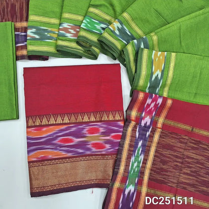 Red silk cotton unstitched salwar material, thread woven design on daman(lining needed) mossy green silk cotton bottom, dual shaded silk cotton dupatta with ikat woven borders & tassels. DC251511