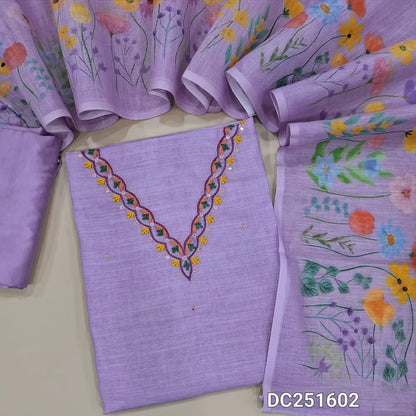Premium Lavender semi linen unstitched salwar material (lining needed) embroidery work on neckline, floral print on daman,  matching silky bottom, floral print  semi linen dupatta. DC251602