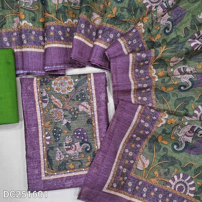 Digital printed Purple semi tussar silk unstitched salwar material (textured, lining needed) kalamkari work on yoke, leafy green silk cotton bottom, digital printed semi tussar silk dupatta. DC251601