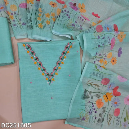 Premium sea Green semi linen unstitched salwar material (lining needed) embroidery work on neckline, floral print on daman,  matching silky bottom, floral print  semi linen dupatta. DC251605