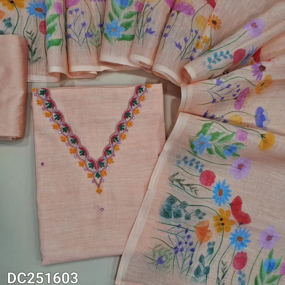 Premium pastel Peach semi linen unstitched salwar material (lining needed) embroidery work on neckline, floral print on daman,  matching silky bottom, floral print  semi linen dupatta. DC251603