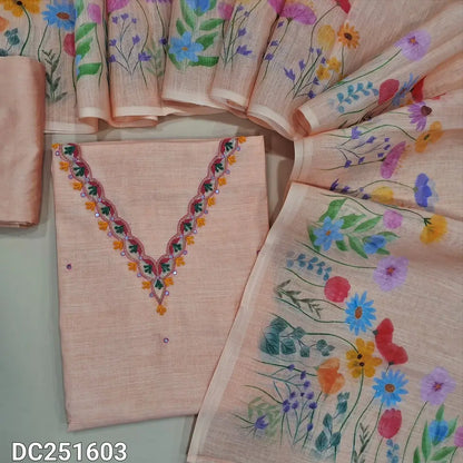 Premium pastel Peach semi linen unstitched salwar material (lining needed) embroidery work on neckline, floral print on daman,  matching silky bottom, floral print  semi linen dupatta. DC251603