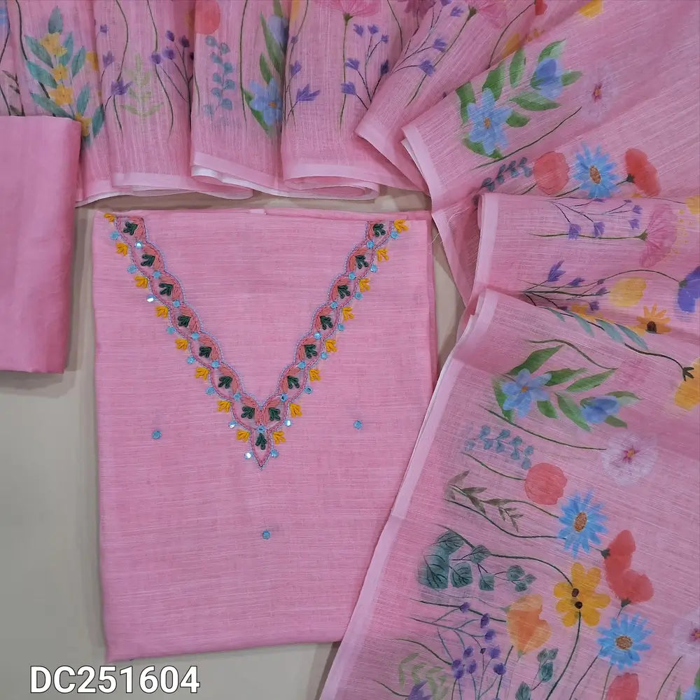 Premium pastel Pink semi linen unstitched salwar material (lining needed) embroidery work on neckline, floral print on daman,  matching silky bottom, floral print  semi linen dupatta. DC251604