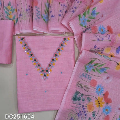 Premium pastel Pink semi linen unstitched salwar material (lining needed) embroidery work on neckline, floral print on daman,  matching silky bottom, floral print  semi linen dupatta. DC251604