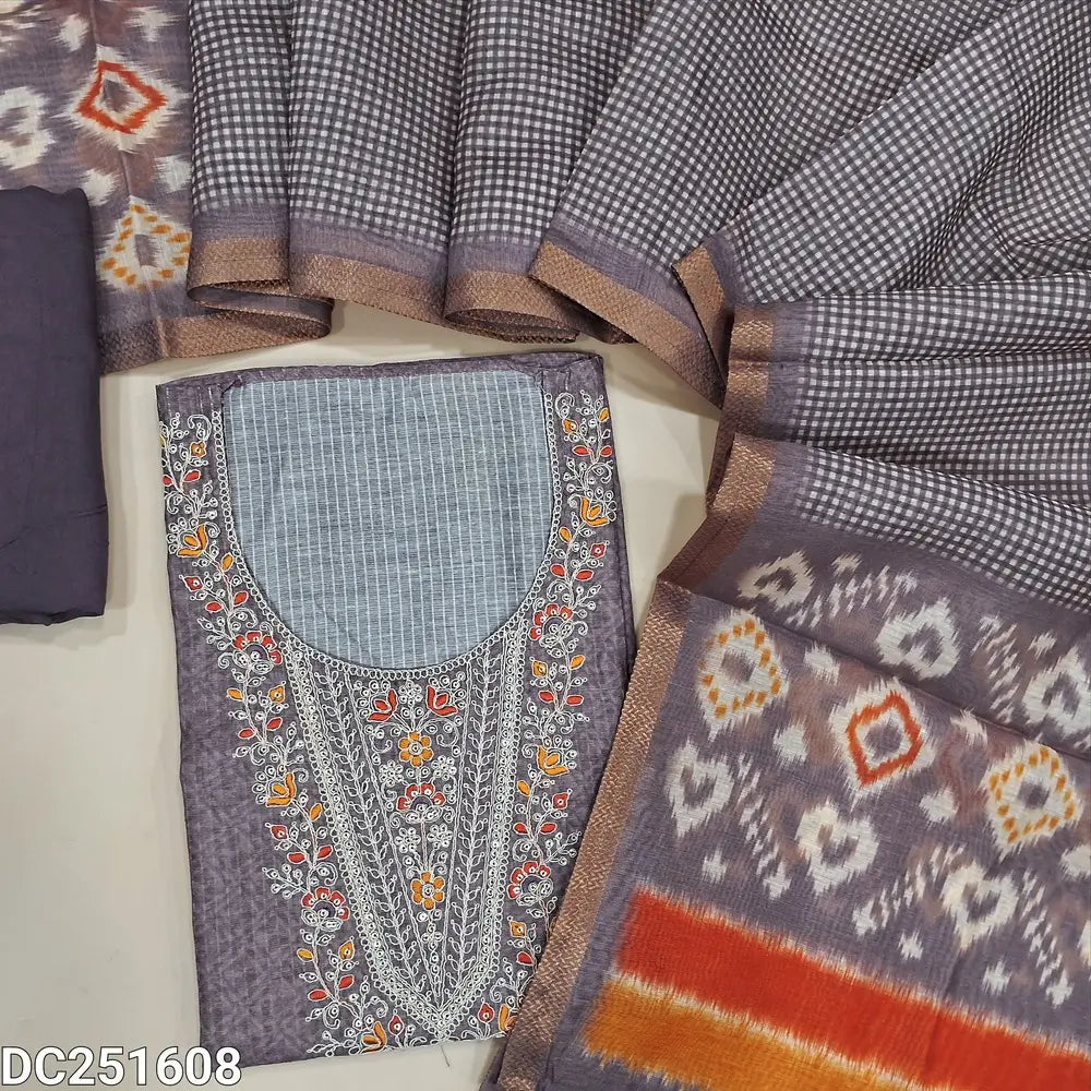 Designer digital printed Mauve shade premium silk cotton unstitched salwar material (lining needed) thread & sequence work on yoke, matching silky bottom, digital printed silk cotton full length dupatta. DC251608