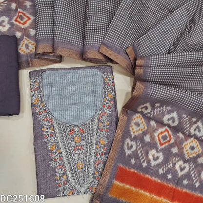 Designer digital printed Mauve shade premium silk cotton unstitched salwar material (lining needed) thread & sequence work on yoke, matching silky bottom, digital printed silk cotton full length dupatta. DC251608