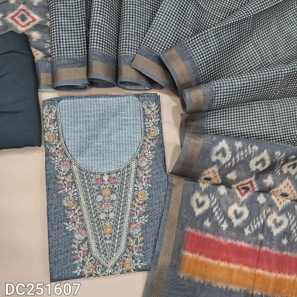 Designer digital printed Grey premium silk cotton unstitched salwar material (lining needed) thread & sequence work on yoke, matching silky bottom, digital printed silk cotton full length dupatta. DC251607