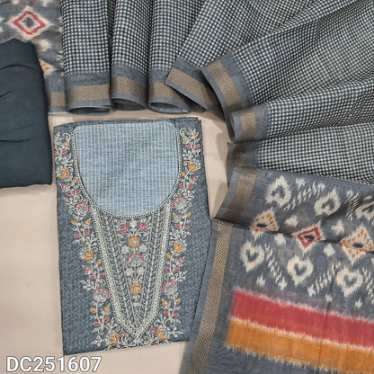 Designer digital printed Grey premium silk cotton unstitched salwar material (lining needed) thread & sequence work on yoke, matching silky bottom, digital printed silk cotton full length dupatta. DC251607