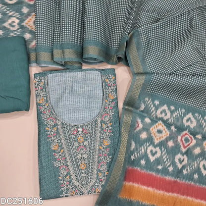 Designer digital printed light teal Green premium silk cotton unstitched salwar material (lining needed) thread & sequence work on yoke, matching silky bottom, digital printed silk cotton full length dupatta. DC251606