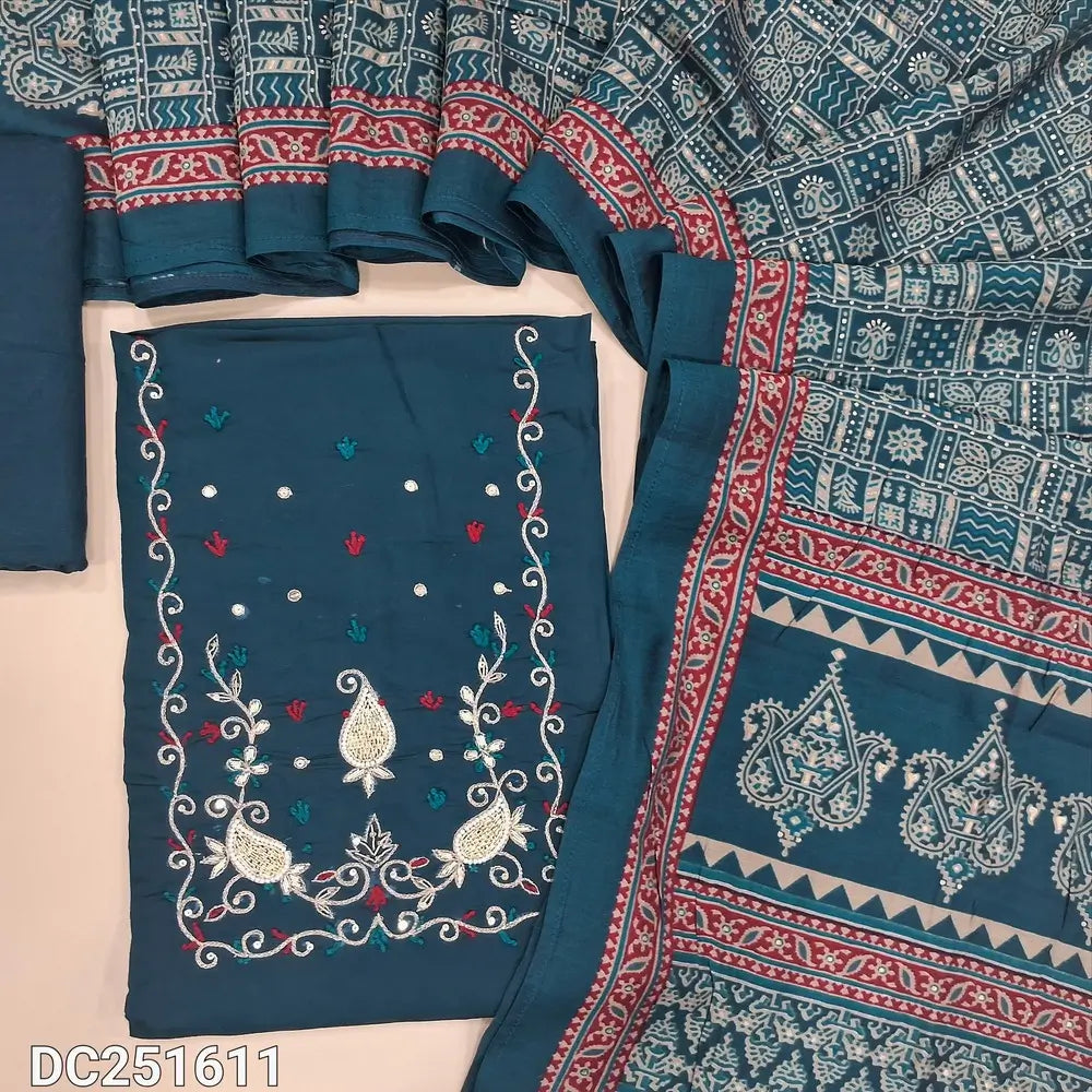 Dark teal Blue soft silk cotton unstitched salwar material (lining needed) zardozi, bead work on yoke, matching santoon bottom, printed modal muslin short width dupatta. DC251611