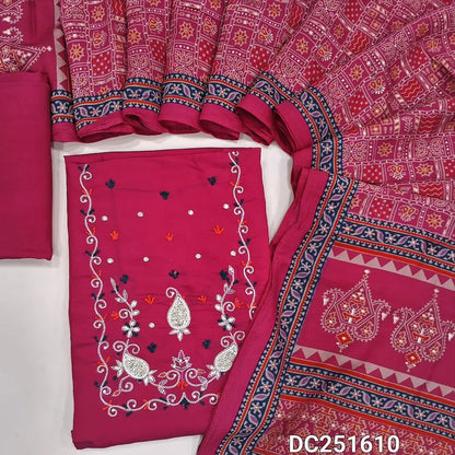 Bright Pink soft silk cotton unstitched salwar material (lining needed) zardozi, bead work on yoke, matching santoon bottom, printed modal muslin short width dupatta. DC251610