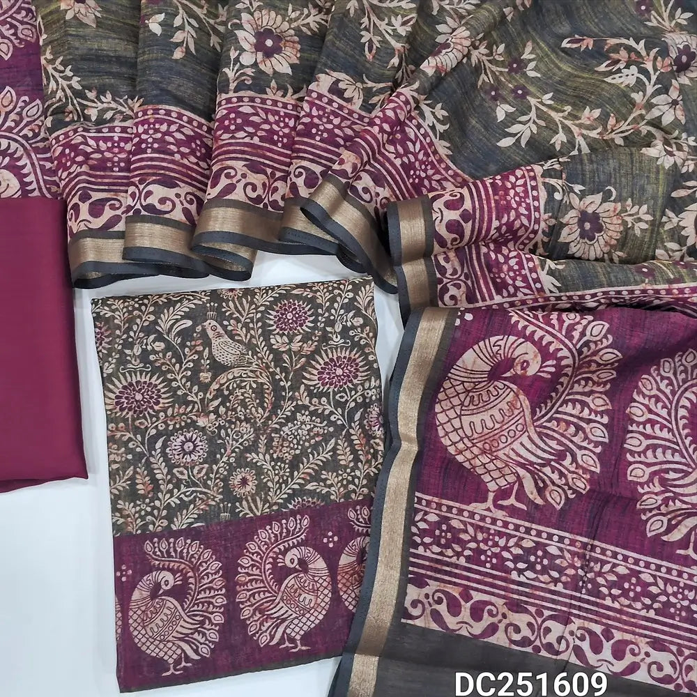 Digital Printed dark olive Green premium silk cotton unstitched salwar material (lining needed) printed daman, dark pink spun cotton bottom, digital printed  silk cotton full length dupatta. DC251609