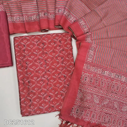 Digital printed Red fancy silk cotton unstitched salwar material (lining needed) printed allover, matching silky bottom, digital printed fancy silk cotton full length dupatta with tassels. DC251612