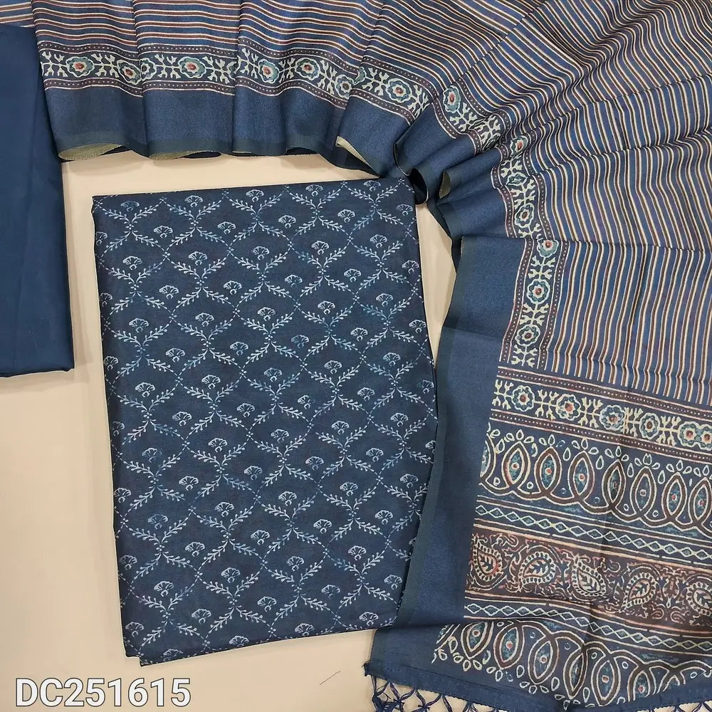 Digital printed dark Blue fancy silk cotton unstitched salwar material (lining needed) printed allover, matching silky bottom, digital printed fancy silk cotton full length dupatta with tassels. DC251615