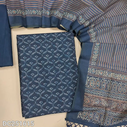 Digital printed dark Blue fancy silk cotton unstitched salwar material (lining needed) printed allover, matching silky bottom, digital printed fancy silk cotton full length dupatta with tassels. DC251615