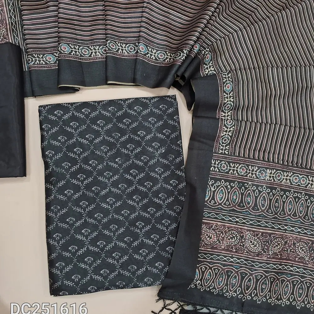 Digital printed Black fancy silk cotton unstitched salwar material (lining needed) printed allover, matching silky bottom, digital printed fancy silk cotton full length dupatta with tassels. DC251616