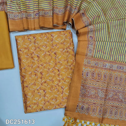 Digital printed mehandhi Yellow fancy silk cotton unstitched salwar material (lining needed) printed allover, matching silky bottom, digital printed fancy silk cotton full length dupatta with tassels. DC251613