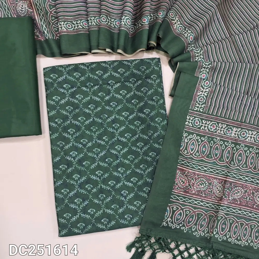Digital printed dark Green fancy silk cotton unstitched salwar material (lining needed) printed allover, matching silky bottom, digital printed fancy silk cotton full length dupatta with tassels. DC251614
