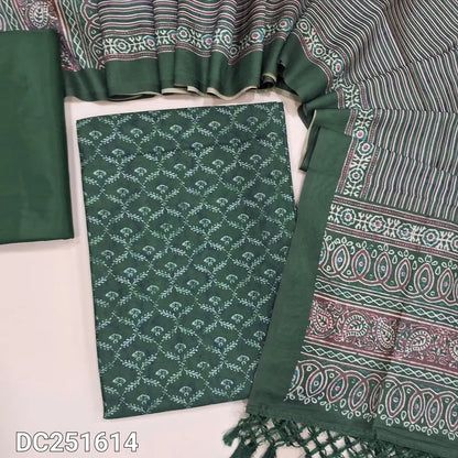 Digital printed dark Green fancy silk cotton unstitched salwar material (lining needed) printed allover, matching silky bottom, digital printed fancy silk cotton full length dupatta with tassels. DC251614