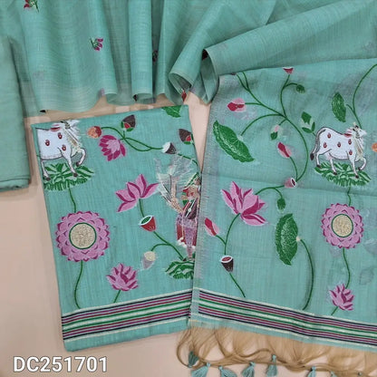 Pastel Blue jamdani woven soft silk cotton unstitched salwar material (lining needed) heavy jamdani woven on daman, matching santoon bottom, jamdani woven soft silk cotton dupatta with tassels. DC251701