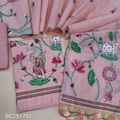 Pastel Pink jamdani woven soft silk cotton unstitched salwar material (lining needed) heavy jamdani woven on daman, matching santoon bottom, jamdani woven soft silk cotton dupatta with tassels. DC251702