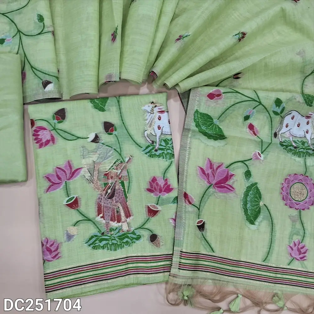 Pastel Green jamdani woven soft silk cotton unstitched salwar material (lining needed) heavy jamdani woven on daman, matching santoon bottom, jamdani woven soft silk cotton dupatta with tassels. DC251704