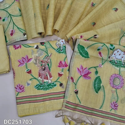 Pastel Yellow jamdani woven soft silk cotton unstitched salwar material (lining needed) heavy jamdani woven on daman, matching santoon bottom, jamdani woven soft silk cotton dupatta with tassels. DC251703