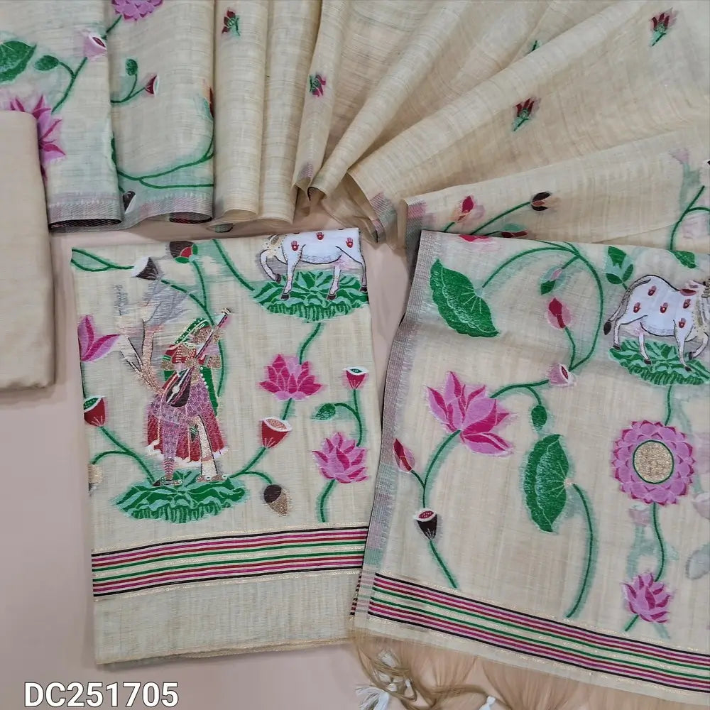 Rich Beige jamdani woven soft silk cotton unstitched salwar material (lining needed) heavy jamdani woven on daman, matching santoon bottom, jamdani woven soft silk cotton dupatta with tassels. DC251705