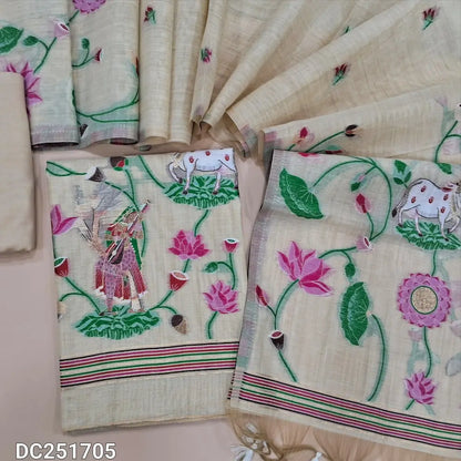 Rich Beige jamdani woven soft silk cotton unstitched salwar material (lining needed) heavy jamdani woven on daman, matching santoon bottom, jamdani woven soft silk cotton dupatta with tassels. DC251705