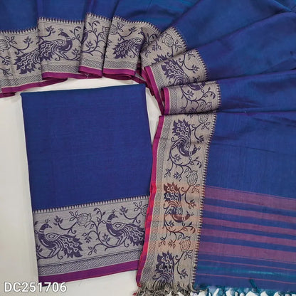 Royal Blue south mercerized handloom cotton unstitched salwar material(thin, lining needed)contrast peacock thread woven border, bottom included with top, mercerized handloom cotton dupatta with thread woven borders & tassels. DC251706