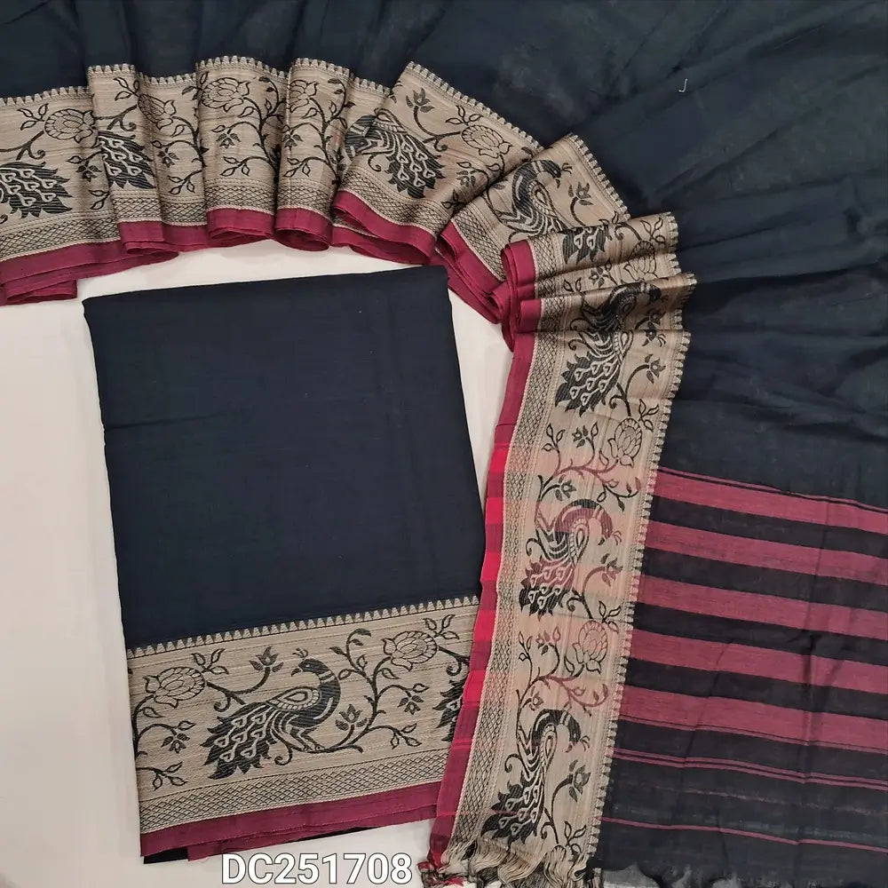 Black south mercerized handloom cotton unstitched salwar material(thin, lining needed)contrast peacock thread woven border, bottom included with top, mercerized handloom cotton dupatta with thread woven borders & tassels. DC251708