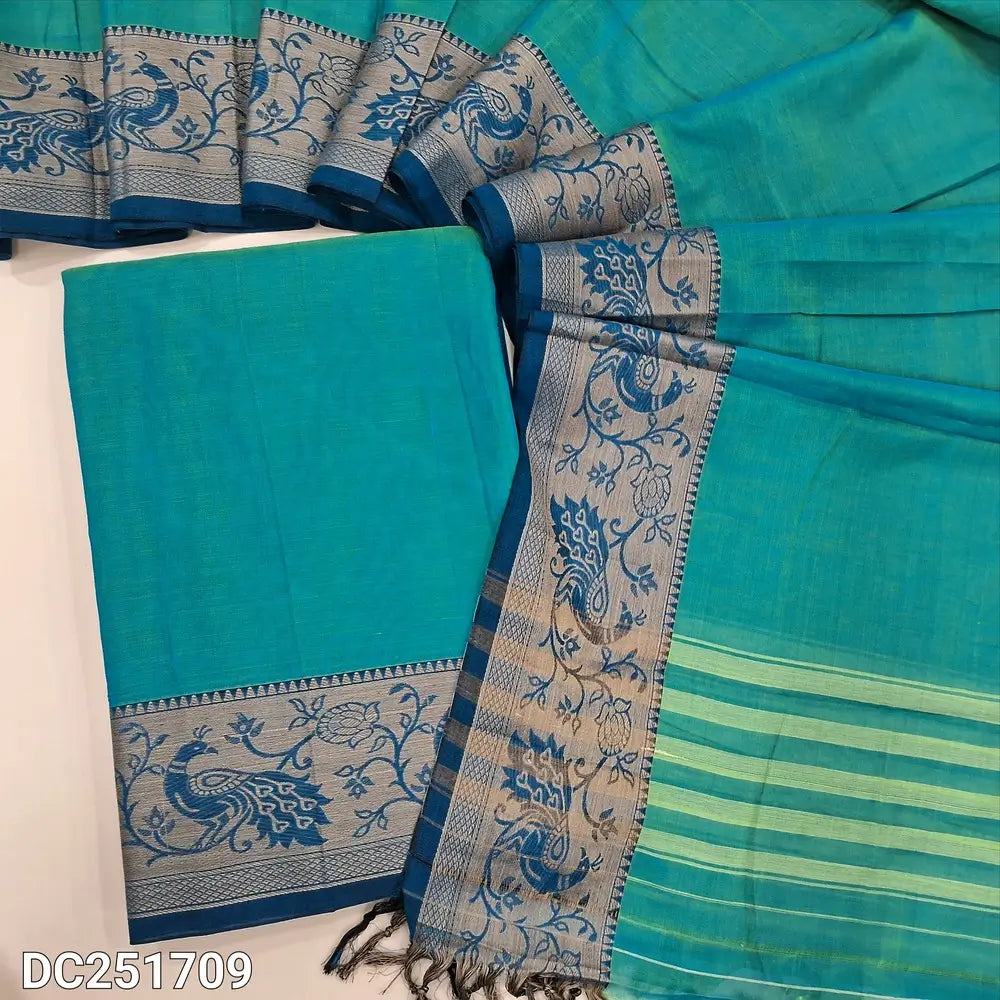 Dual shade turquoise Blue south mercerized handloom cotton unstitched salwar material(thin, lining needed)contrast peacock thread woven border, bottom included with top, mercerized handloom cotton dupatta with thread woven borders & tassels. DC251709