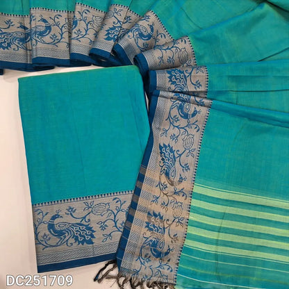 Dual shade turquoise Blue south mercerized handloom cotton unstitched salwar material(thin, lining needed)contrast peacock thread woven border, bottom included with top, mercerized handloom cotton dupatta with thread woven borders & tassels. DC251709