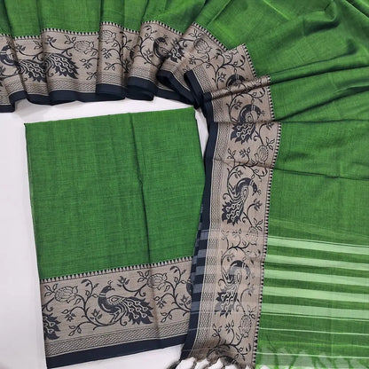 Leafy Green south mercerized handloom cotton unstitched salwar material(thin, lining needed)contrast peacock thread woven border, bottom included with top, mercerized handloom cotton dupatta with thread woven borders & tassels. DC251707