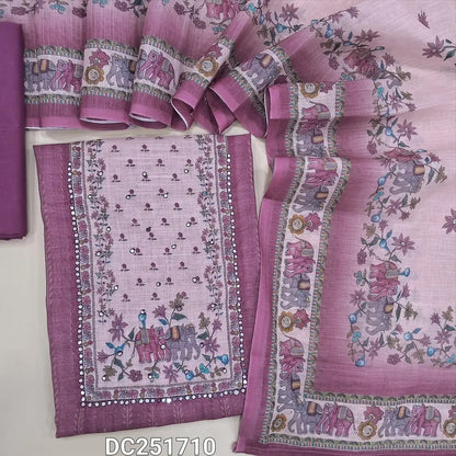 Digital printed dark Mauve semi linen unstitched salwar material (lining needed) elephant print, sequins work non yoke,  matching cotton bottom, digital printed semi linen dupatta. DC251710