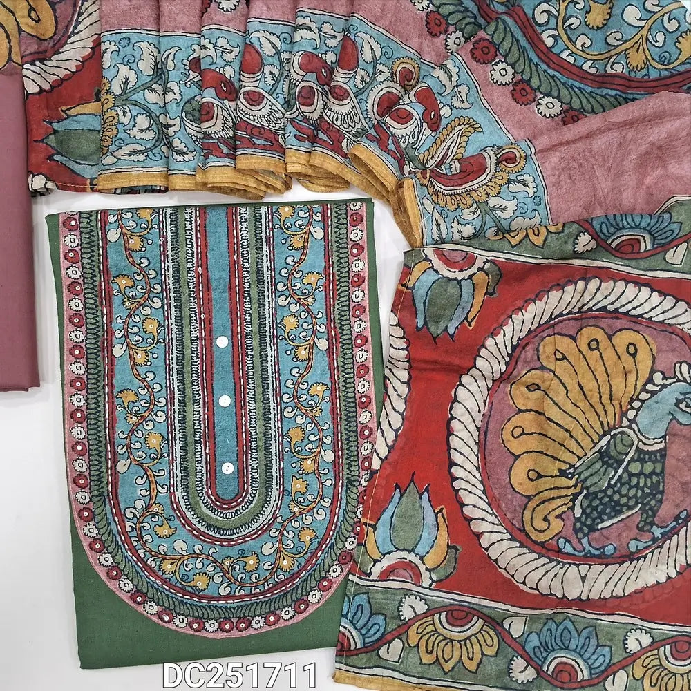Green premium cotton unstitched salwar material (lining optional) kalamkari print, kantha stitch patch work on yoke, light maroon cotton bottom, kalamkari printed soft mixed cotton stole like dupatta. DC251711