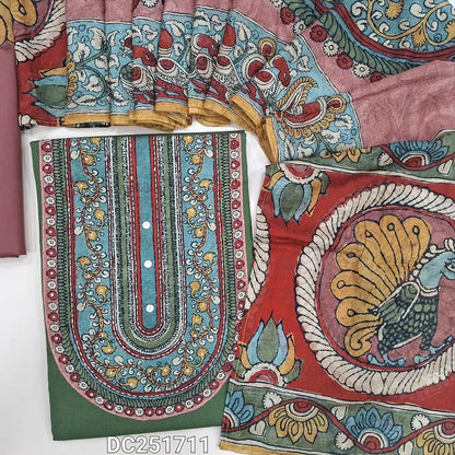 Green premium cotton unstitched salwar material (lining optional) kalamkari print, kantha stitch patch work on yoke, light maroon cotton bottom, kalamkari printed soft mixed cotton stole like dupatta. DC251711