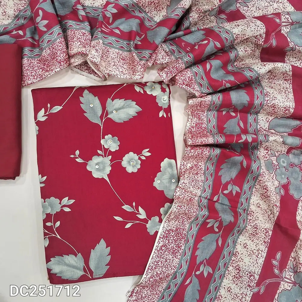 Reddish Maroon soft satin cotton unstitched salwar material (lining needed) floral printed on front, bead work on yoke, matching spun cotton bottom, printed soft cotton dupatta. DC251712