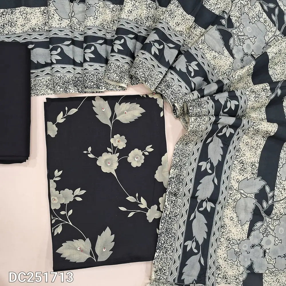Black soft satin cotton unstitched salwar material (lining needed) floral printed on front, bead work on yoke, matching spun cotton bottom, printed soft cotton dupatta. DC251713