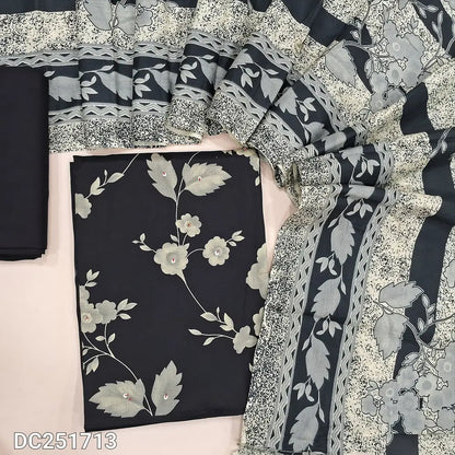 Black soft satin cotton unstitched salwar material (lining needed) floral printed on front, bead work on yoke, matching spun cotton bottom, printed soft cotton dupatta. DC251713