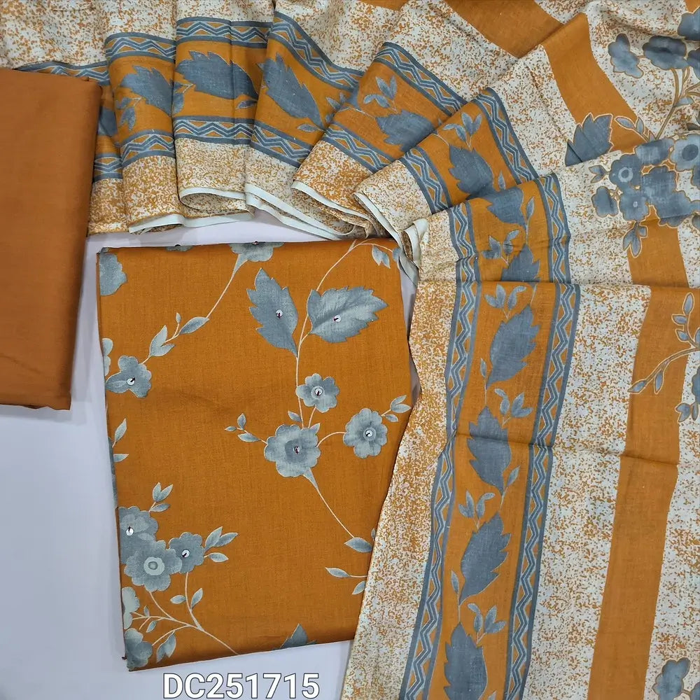 Yellowish Orange soft satin cotton unstitched salwar material (lining needed) floral printed on front, bead work on yoke, matching spun cotton bottom, printed soft cotton dupatta. DC251715