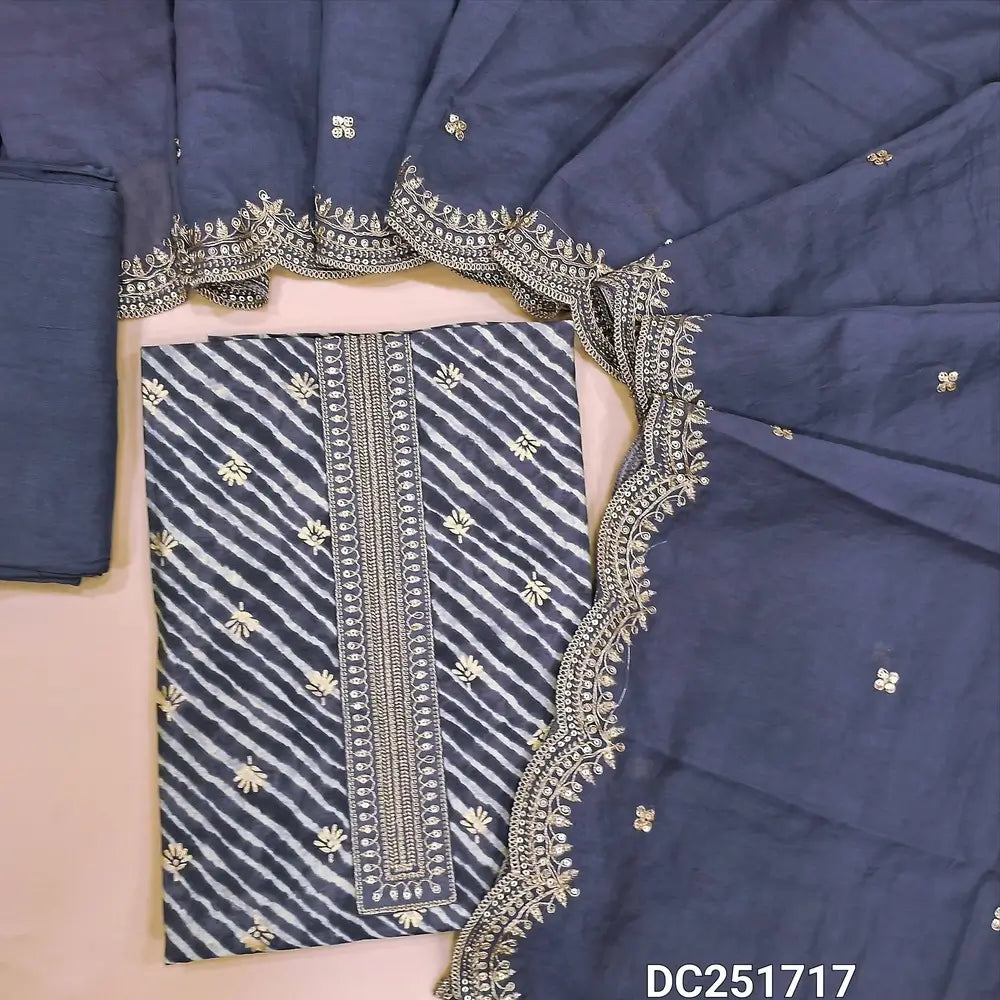 Lehariya printed greyish purple soft silk cotton unstitched salwar material (lining needed) zari, sequins work on yoke, matching santoon bottom, soft silk cotton dupatta with zari & sequins scalped borders. DC251717