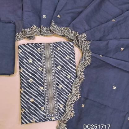 Lehariya printed greyish purple soft silk cotton unstitched salwar material (lining needed) zari, sequins work on yoke, matching santoon bottom, soft silk cotton dupatta with zari & sequins scalped borders. DC251717