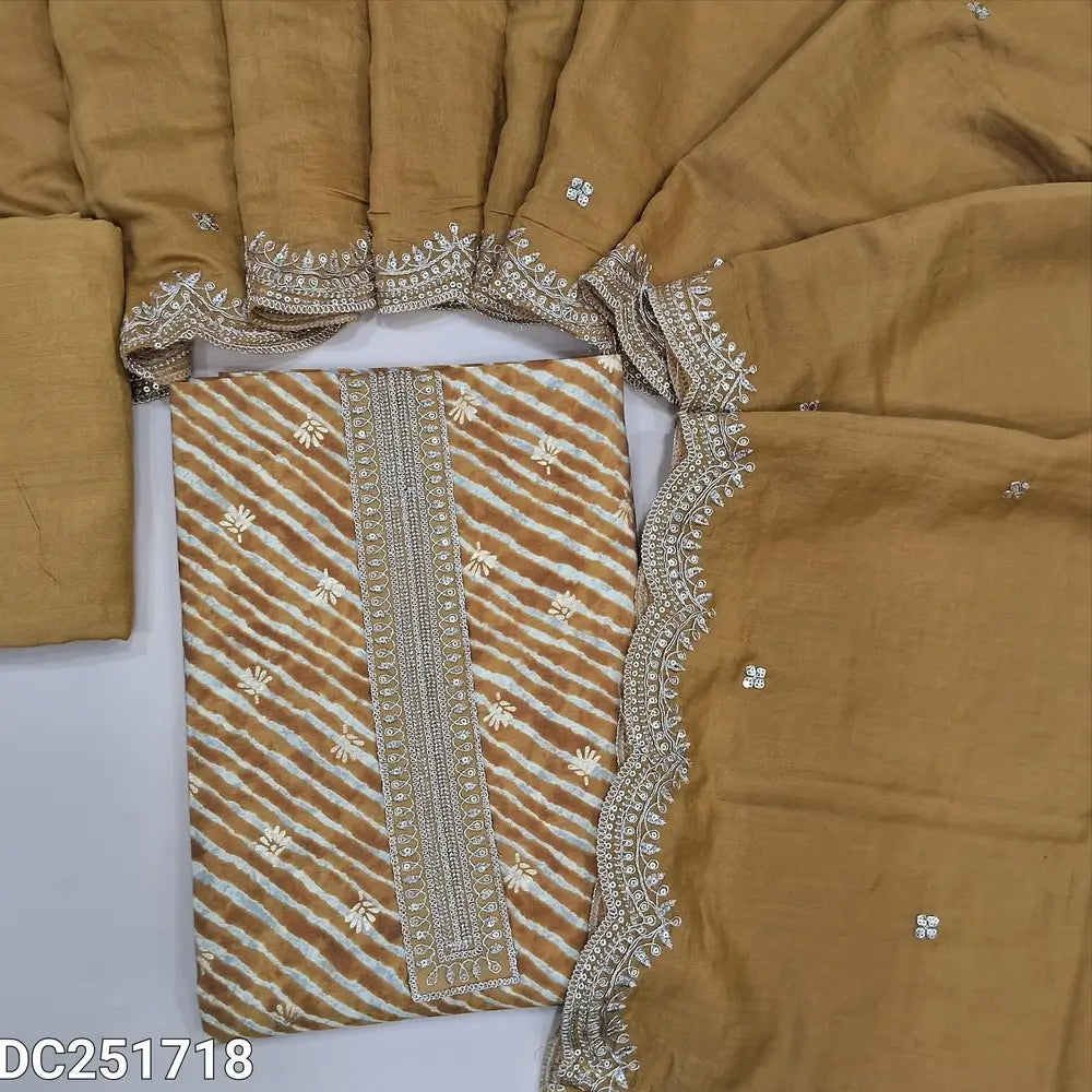 Lehariya printed mehandhi Yellow soft silk cotton unstitched salwar material (lining needed) zari, sequins work on yoke, matching santoon bottom, soft silk cotton dupatta with zari & sequins scalped borders. DC251718