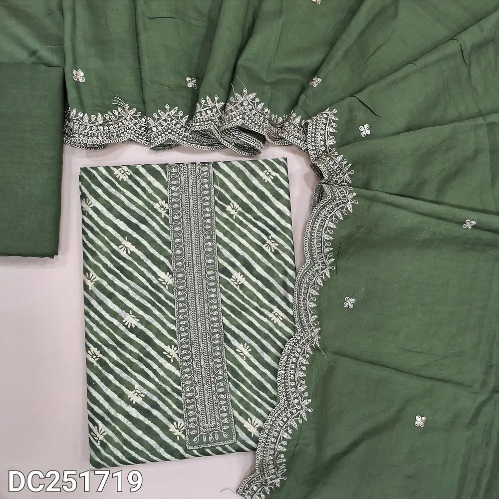Lehariya printed dark Green soft silk cotton unstitched salwar material (lining needed) zari, sequins work on yoke, matching santoon bottom, soft silk cotton dupatta with zari & sequins scalped borders. DC251719