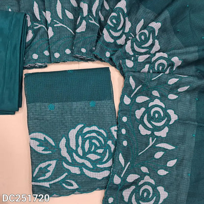 Dark teal Blue fancy kota silk cotton unstitched salwar material (lining needed) applique work on daman, small embroidery work on front, matching silky bottom & lining provided, applique work on kota silk cotton dupatta. DC251720